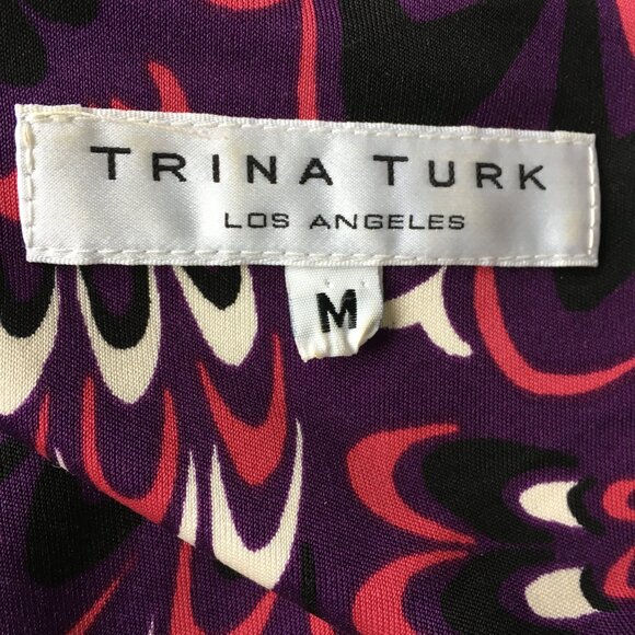 TRINA TURK Low V Neck MultiColor Logo Print 100% Silk Shirred Waist V Neck Top - Picture 2 of 8